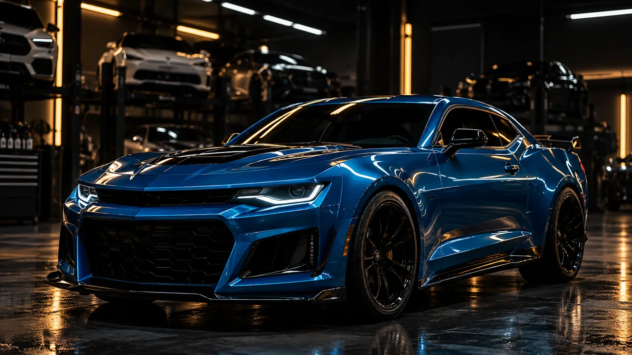 Koyu detaylandırma stüdyosunda sportif mavi coupe